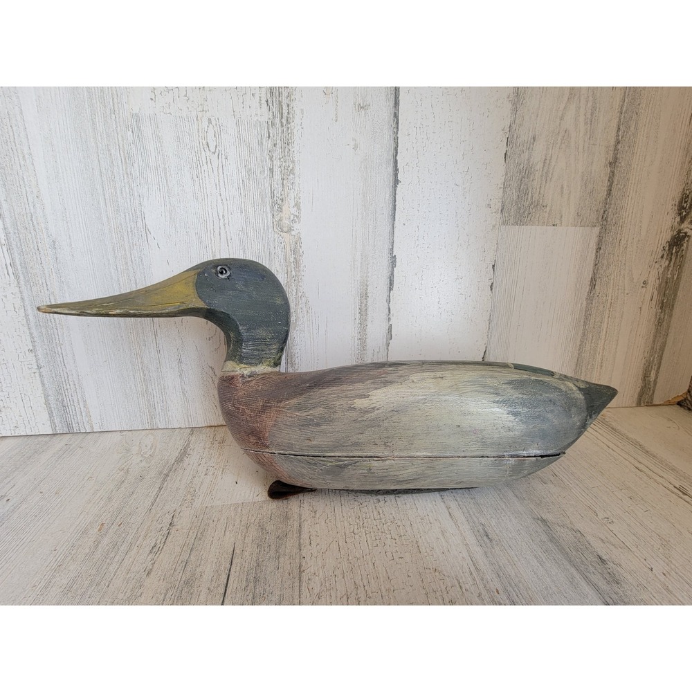 Vintage wood Mallard duck decoy bird pond folk art rustic glass eye unique